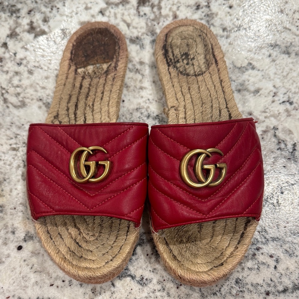 Gucci red leather slides